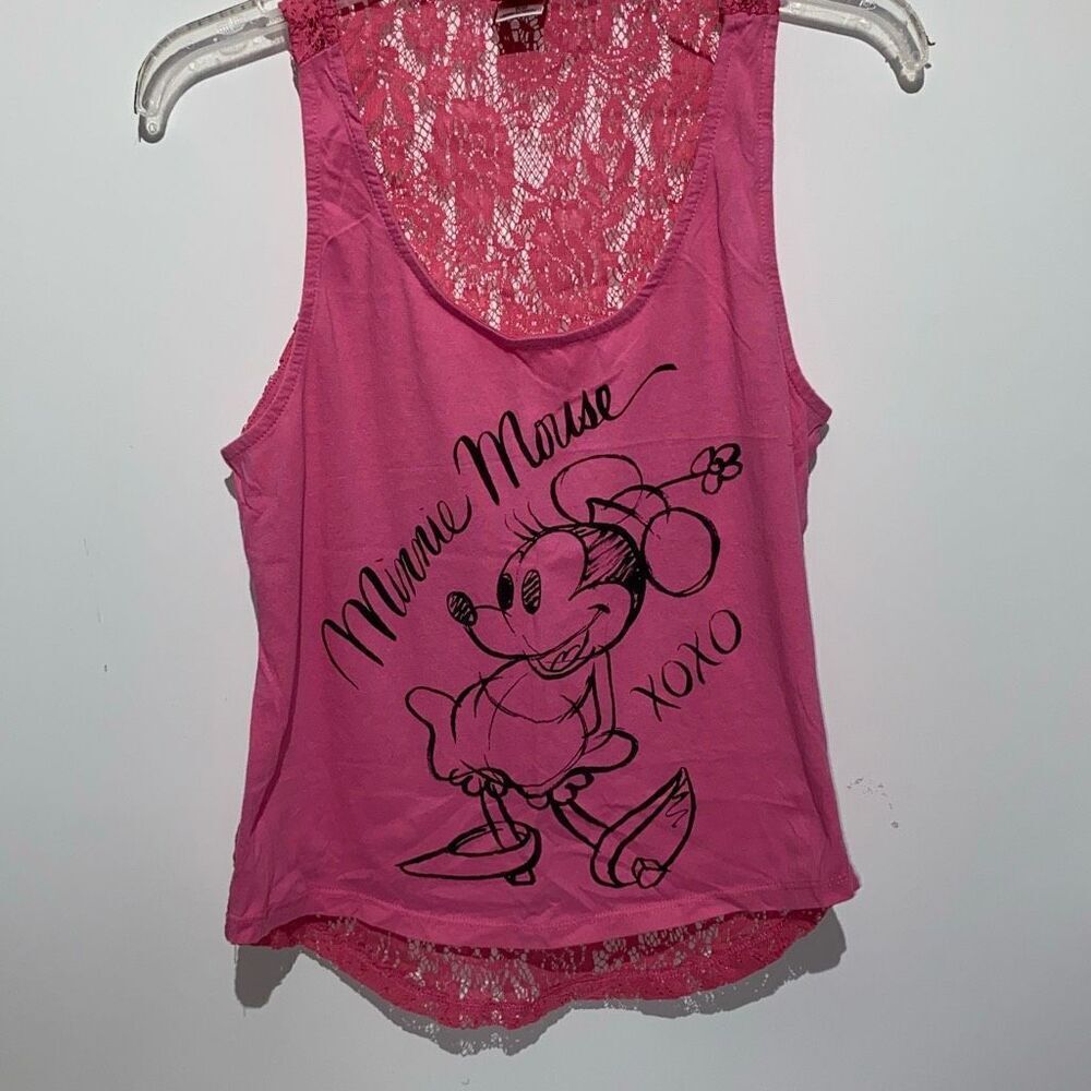 Disney Girl's Pink Black Minnie Mouse Floral Lace Back Sleeveless Tank Top Small